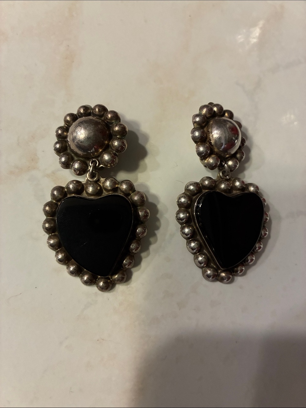 Black Heart Drop Earrings with Silver Beaded Frame